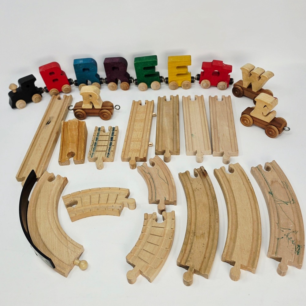 Wooden Train Track and Car Lot 24 pc Kids Multicolor Letters Magnetic and Hook